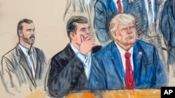 This artist sketch depicts former President Donald Trump, right, conferring with defense lawyer Todd Blanche, center, during his court appearance in Washington, Aug. 3, 2023. Special Prosecutor Jack Smith is at left. (Dana Verkouteren via AP)