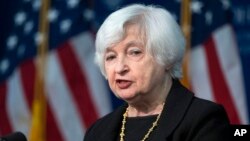 FILE - Treasury Secretary Janet Yellen speaks at Johns Hopkins University School of Advanced International Studies in Washington, D.C., April 20, 2023.