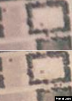 한반도 시각으로 오전 10시 21분(위)과 오전 10시 27분(아래)에 촬영된 위성사진. 병력 대열이 이동한 사실이 확인된다. 사진=Planet Labs