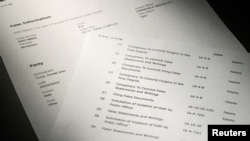 A document briefly posted on and then taken down from the official Fulton County, Ga., court website shows a list of potential felony charges against former President Donald Trump on Aug. 14, 2023.