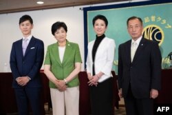 Kandidat Pemilihan Gubernur Tokyo, (kiri-kanan) mantan Wali Kota Akitakata Shinji Ishimaru, Gubernur Tokyo Yuriko Koike, anggota Dewan Penasihat Renho, dan mantan kepala Pasukan Bela Diri Udara Jepang Toshio Tamogami di Tokyo, 19 Juni 2024. (Yuichi YAMAZAKI / POOL / AFP)