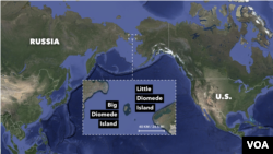 Big Diomede Island (Russia) and Little Diomede Islands sit in the northern Bering Strait, separated by the international date line.