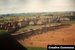 Detail from mural, "A reconstruction of Cahokia," by Lloyd Townsend. New research refutes that drought caused Mississippians to leave the city.