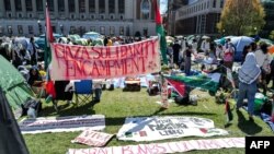 22일 미국 컬럼비아대학 캠퍼스에 자리 잡은 팔레스타인 지지 시위대 야영지.