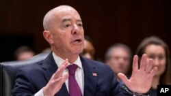 FILE - Homeland Security Secretary Alejandro Mayorkas testifies during a hearing on Capitol Hill, Nov. 8, 2023, in Washington. 