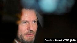 Presidential candidate Peter Pellegrini speaks to reporters at his election headquarters during the first round of the presidential elections in Bratislava, Slovakia, March 23, 2024. (Vaclav Salek/CTK via AP)