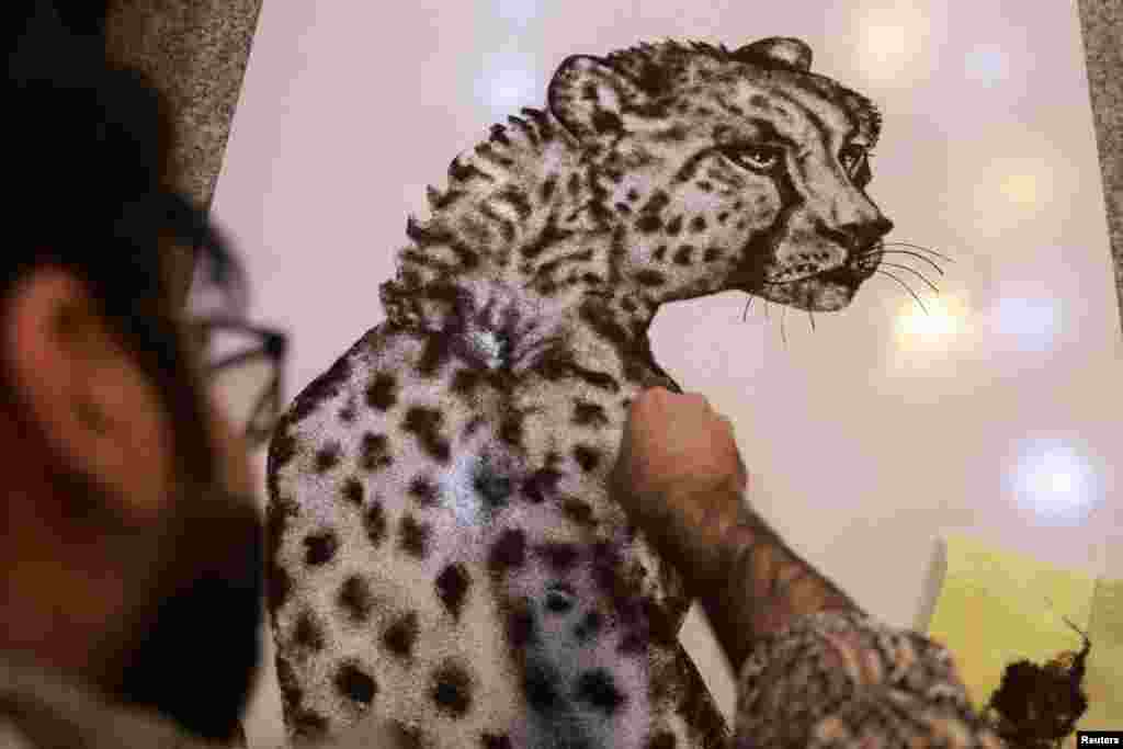 Tukang cukur Irak, Hussein Falih (31), membuat sebuah karya seni sosok harimau dengan menggunakan rambut kliennya, di tokonya di Bagdad, Irak, 8 Mei 2024. (REUTERS/Ahmed Saad)