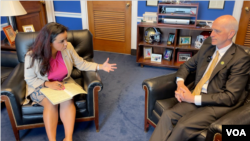 Congressman Adam Smith talking with VOA's Navbahor Imamova, Washington, May 1, 2024.