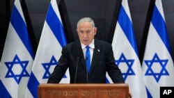 Israeli Prime Minister Benjamin Netanyahu speaks to the media during a press conference, in Tel Aviv, Israel, April 10, 2023.