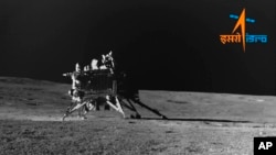This image provided by the Indian Space Research Organisation (ISRO) shows Vikram lander as seen by the navigation camera on Pragyan Rover on Aug. 30, 2023. 