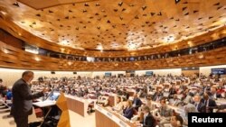 世界卫生组织总干事谭德塞（Tedros Adhanom Ghebreyesus）在日内瓦举行的每年一度的世界卫生大会上讲话。（2024年5月27日）