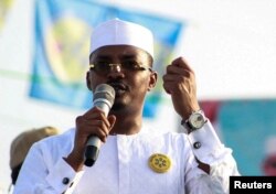 FILE - Chadian interim President Mahamat Idriss Deby speaks during the launch of his presidential campaign ahead of the May elections in N'Djamena, Chad, April 14, 2024.