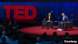 Host Chris Anderson and Shou Chew speak at TED2023 on April 20, 2023, Vancouver, BC, Canada. (Gilberto Tadday/TED)