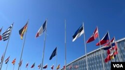 A Finnish flag is seen ready to be hoisted to join flags of NATO member countries at the alliance's headquarters in Brussels, April 4, 2023. (Cindy Spang/VOA) 