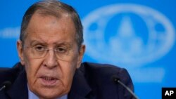 Russian Foreign Minister Sergey Lavrov speaks at his annual news conference in Moscow, Jan. 18, 2024.