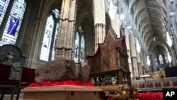 The Stone of Destiny is seen during a welcome ceremony ahead of the coronation of Britain's King Charles III, in Westminster Abbey, London, April 29, 2023. 
