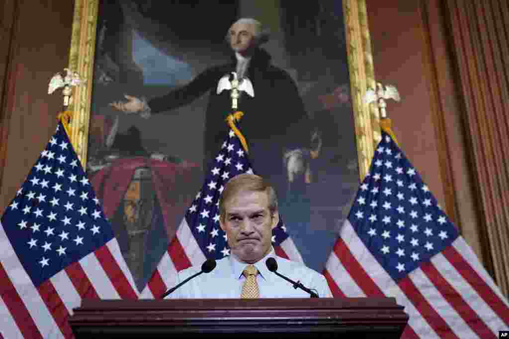 Rep. Jim Jordan, R-Ohio, House Judiciary chairman and staunch ally of Donald Trump, meets with reporters about his struggle to become speaker of the House, at the Capitol in Washington.&nbsp;(AP Photo/J. Scott Applewhite)