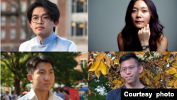 (จากซ้ายบนตามเข็มนาฬิกา ) “ไทม์” (สงวนชื่อ-นามสกุล), จิราพร คูหากาญจน์, สันติภาพ สมศักดิ์ และสิรภพ พิชิตการณ์ นักศึกษาไทยในสหรัฐฯ 