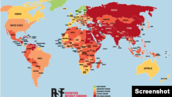 국경없는 기자회가 3일 발표한 '2024년 세계 언론자유 지수'. 북한과 중국 등 일부 국가들이 언론자유가 없는 국가라는 의미로 검은색으로 표시되어 있다. 출처= 국경없는기자회 