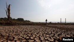 FILE - Seorang pria berjalan di dekat lahan kering yang sebelumnya terendam di Waduk Jatigede saat musim kemarau di Sumedang, Jawa Barat, 15 September 2018. (REUTERS/Willy Kurniawan)