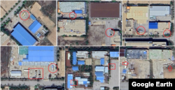 개성공단 부지 곳곳에서 버스(원 안), 트럭(사각형 안)과 함께 각종 쓰레기 더미(화살표)를 볼 수 있다. 자료=Airbus (via Google Earth)