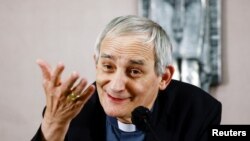 FILE - President of the Italian Bishops' Conference, Cardinal Matteo Zuppi, speaks during a news conference in Rome, May 27, 2022. Pope Francis the cardinal to carry out a peace mission to try to help end the war in Ukraine, the Vatican said on Saturday.