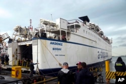 A ship of Freedom Flotilla Coalition anchors at Tuzla seaport in Istanbul, Turkey, April 19, 2024.