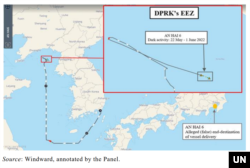 작년 5월부터 6월 사이 안하이 6호의 항적. 부산을 떠나 한반도 서해를 항해하던 안하이 6호는 중 남포 인근에서 신호를 끄고 사라진다. 전문가패널은 이후 안하이 6호가 북한 남포항 인근에서 발견됐다고 확인했다. 사진 출처 = 유엔 전문가패널 보고서.