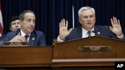 Oversight Committee Chairman James Comer speaks during the House Oversight Committee impeachment inquiry hearing into President Joe Biden, Sept. 28, 2023, in Washington, as Ranking Member Rep. Jamie Raskin, looks on.