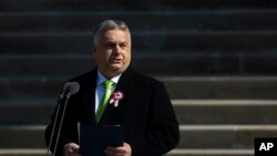 FILE - Perdana Menteri Hungaria Viktor Orban di tangga Museum Nasional di Budapest, HUngaria, 15 Maret 2024. (AP/Denes Erdos)