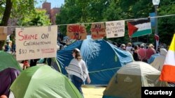 นักศึกษามหาวิทยาลัย George Washington University ตั้งแคมป์ประท้วงสงครามอิสราเอลในกาซ่า เมื่อ 28 เม.ย. 2024 ในกรุงวอชิงตัน (Photo: Diaa Bekheet)