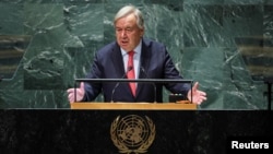 Sekjen PBB Antonio Guterres berbicara dalam Sidang Majelis Umum PBB ke-78 di New York. 