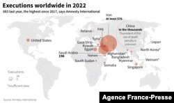 World map showing executions in 2022, according to an Amnesty International report