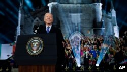 US President Joe Biden speaks outside St. Muredach's Cathedral in Ballina, Ireland, April 14, 2023.