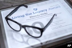 The Living the Legacy award given to Rhonda Hicks is shown at her home in Philadelphia, Thursday, July 20, 2023.