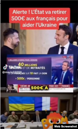 Example of Russian disinformation claiming that France was tapping into retirement funds to give aid to Ukraine; Photo credit: AFP