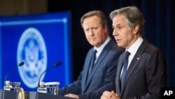 U.S. Secretary of State Antony Blinken, right, speaks during a joint press conference with visiting British Foreign Secretary David Cameron, at the State Department in Washington, April 9, 2024.