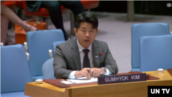 탈북 청년 김금혁 씨가 12일 열린 유엔 안보리 북한인권 공개회의에서 발언하고 있다. 