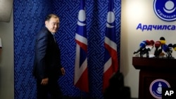 Gantumur Luvsannyam of the Democratic Party prepares to speak about election results at party headquarters in Ulaanbaatar, Mongolia, June 29, 2024. The ruling Mongolian People's Party appeared to retain a slim majority in the country's parliament. 