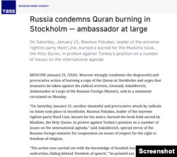 Official statement by Ambassador at Large of Russian Foreign Ministry condemning Quran burning in Stockholm; Photo credit: TASS