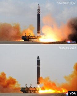 지난해 11월 18일 ICBM 발사 장면(위)과 이달 18일 발사 모습(아래). 도로에 그려진 선의 모양이 일치한다는 사실을 알 수 있다.