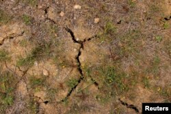 Polje trave je popucalo zbog suše tokom izuzetno visokih ljetnih temperatura u Rondi, Španija, 27. april, 2023. (Foto: Reuters/Jon Nazca)