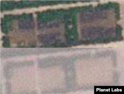 열병식 훈련장 공터의 11일(위)과 지난달 26일(아래) 모습. 지난달 텅 비어 있던 공간에 차량이 만들어낸 검은색 빛깔이 보인다. 사진=Planet Labs