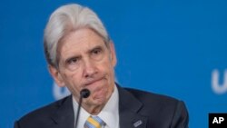 Dr. Julio Frenk, the next chancellor of UCLA, listens to questions at a news conference, June 12, 2024, in Los Angeles.