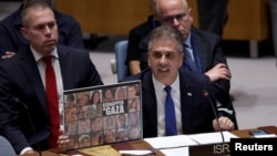 Israel's Foreign Affairs Minister Eli Cohen speaks during a meeting on the conflict between Israel and Hamas at U.N. headquarters, Oct. 24, 2023.