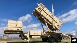 A Patriot missile mobile launcher is displayed outside the Fort Sill Army Post near Lawton, Oklahoma, March 21, 2023. Soldiers from Ukraine have been training on the weapon system at Fort Sill since January.
