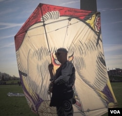 风筝大师土岐干男在展示他为华府樱花风筝节准备的另一个作品。 他以狮王图案为构图，命名为“歌舞伎”风筝 (美国之音/莫干生)