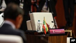 The seat reserved for Myanmar is left empty during the retreat session at the Association of Southeast Asian Nations (ASEAN) Summit, in Jakarta, Indonesia, Sept. 5, 2023.