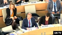 마크 드 바이츠웨이브 제네바 주재 벨기에 대사가 4일 스위스 제네바에서 열린 제55차 유엔인권이사회에서 발언하고 있다.