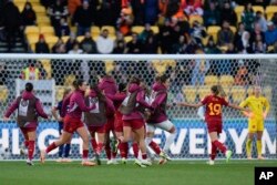 Spain celebrate following their extra time win at the Women's World Cup quarterfinal soccer match against the Netherlands in Wellington, New Zealand, Aug. 11, 2023.